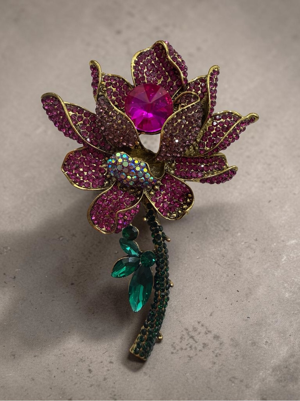 Pink and Green Floral Crystal Brooch